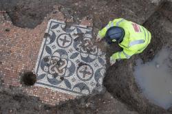 Mola archeologist at work on the smaller decorative panel of the southwark mosaic mola andychopping 1