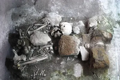 Photograph of the skeleton buried under the front entrance of the palace of cortes in cuernavaca l